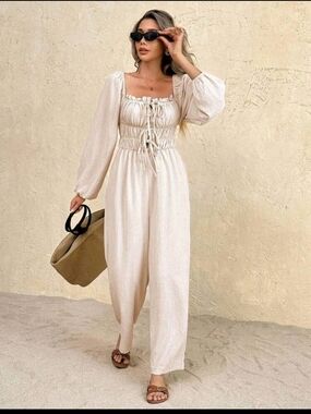 SHEIN Cream Long-Sleeve Wide-Leg Square-Back Jumpsuit